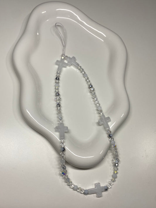 White Cross Beaded Phone Charm
