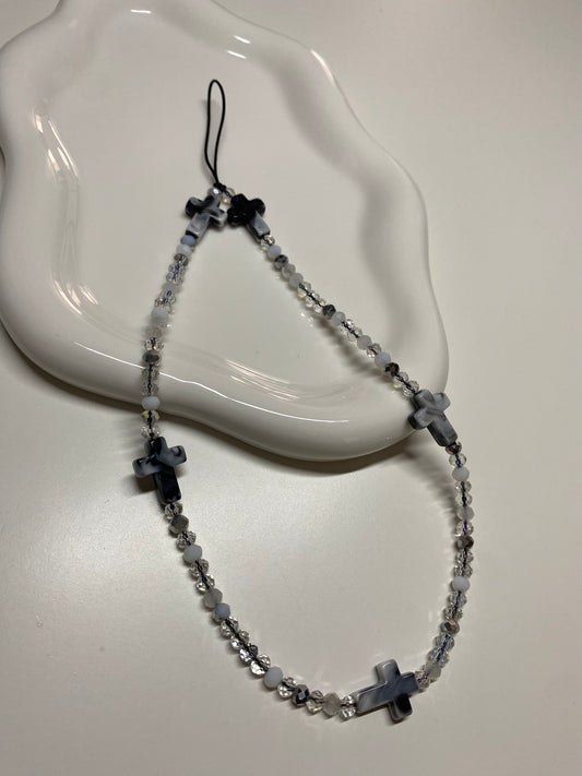 White & Black Cross Beaded Phone Charm